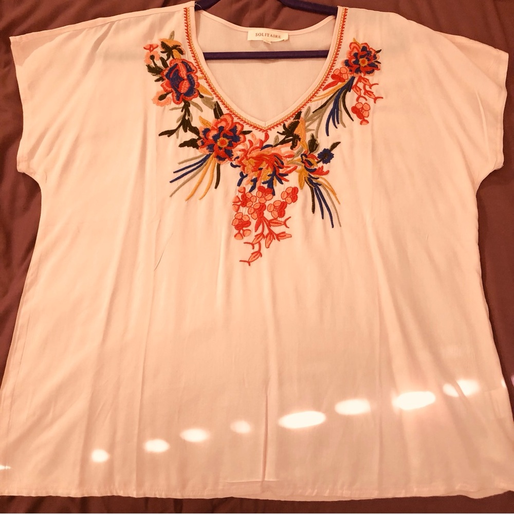 Solitaire Peach Blouse with Colorful Embroidery